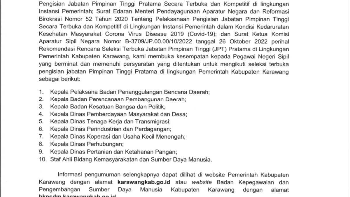 Pemkab Karawang Buka Open Bidding 10 Jabatan: Kabid Juga Boleh Ikutan