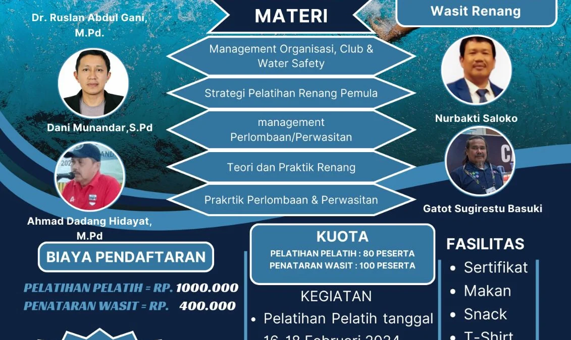 Buruan Daftar, Pelatihan Pelatih dan Penataran Wasit Renang Kategori D di Karawang Digelar Februari