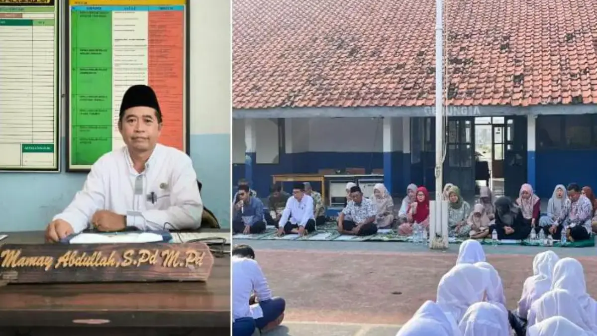 Kepala SMPN 2 Tempuran, Mamay Abdullah (foto kiri).