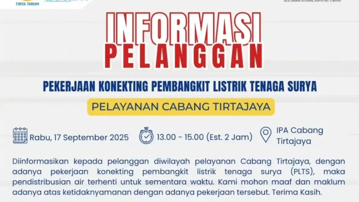 Perumdam: Distribusi Air di Cabang Tirtajaya Terhenti Sementara Akibat Pekerjaan Koneksi PLTS Perumdam Tirta Tarum