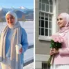 Wanita berhijab elegan, latar belakang aesthetic hasil edit Gemini AI.