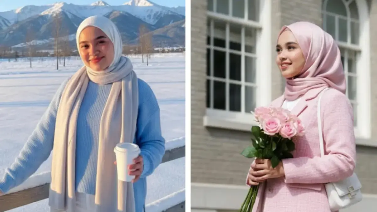 Wanita berhijab elegan, latar belakang aesthetic hasil edit Gemini AI.