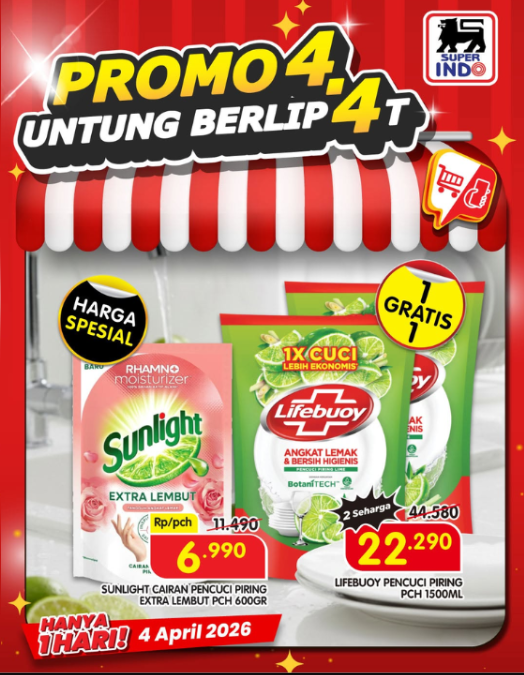 Promo Superindo Spesial 4.4 April 2026, Ada Diskon Sabun Cuci Piring Beli 1 Gratis 1, Yuk Buruan Serbu! Promo Superindo Spesial 4.4 April 2026