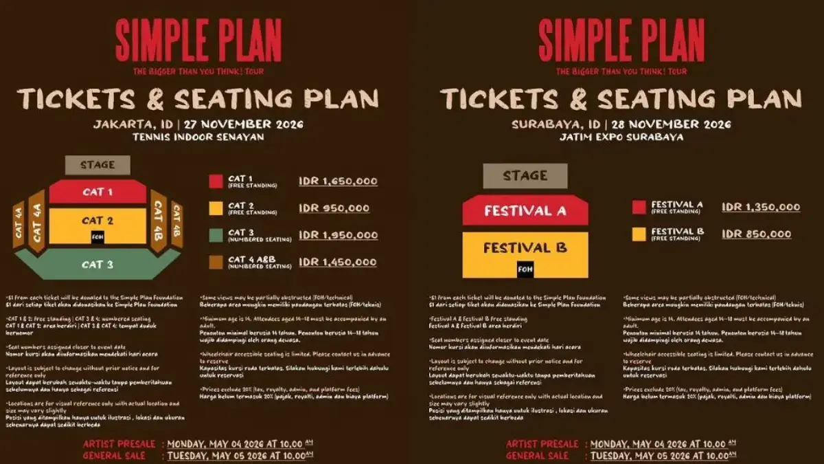 Harga Tiket Konser Simple Plan di Indonesia 2026