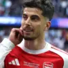 Selebrasi Penyerang Arsenal Kai Havertz saat mencetak gol ke gawang PSG