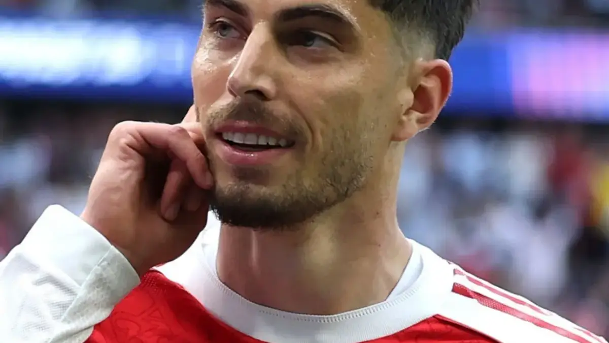 Selebrasi Penyerang Arsenal Kai Havertz saat mencetak gol ke gawang PSG