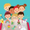 Ilustrasi anak membaca buku cerita digital melalui tablet.