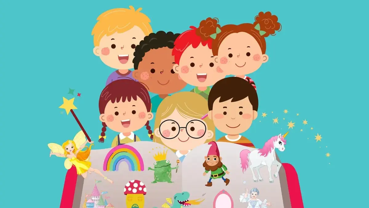 Ilustrasi anak membaca buku cerita digital melalui tablet.