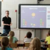 Siswa melakukan presentasi di depan kelas. Persiapan materi, latihan berbicara, dan penguasaan suasana.